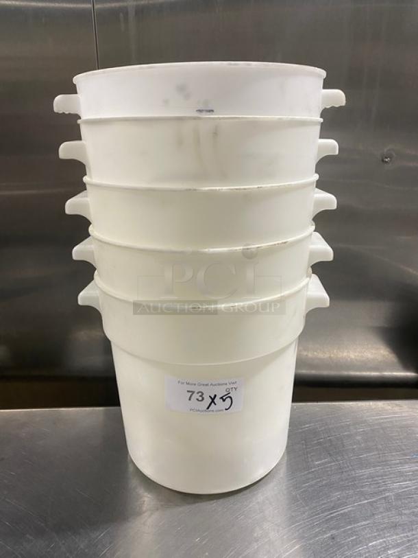 Stack of five commercial white round food storage containers with handles, slight wear. Auction label reads "73 x 5".