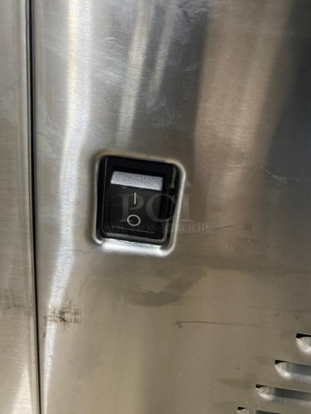 Crathco 2018 stainless steel beverage dispenser, model CS-2E/1D-16, power switch detail, electric, commercial use.