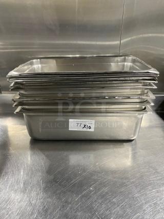 Stack of commercial stainless steel hotel steamtable pans. Includes 10 pans. Label reads "77, QTY X10." In excellent condition.
