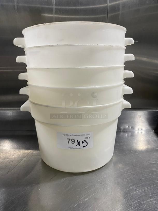Commercial white round food storage container with handles, stack of five. Used condition, auction lot label visible.