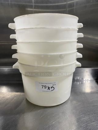 Commercial white round food storage container with handles, stack of five. Used condition, auction lot label visible.