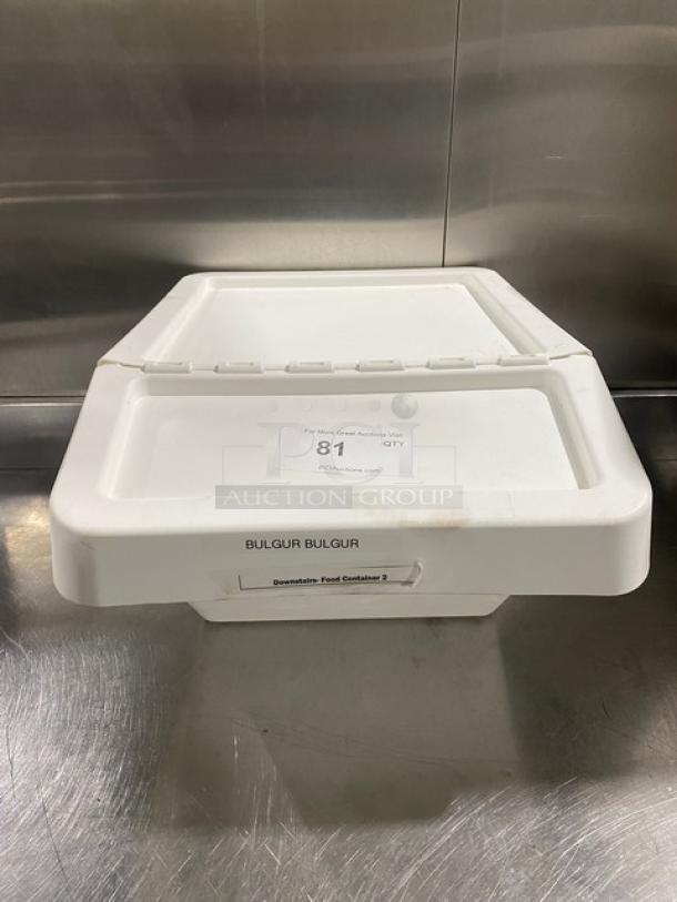 White stackable commercial countertop food ingredient bin with hinged lid. Visible labels indicate "Bulgur Bulgur" and capacity.