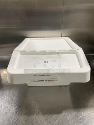 White stackable commercial countertop food ingredient bin with hinged lid. Visible labels indicate "Bulgur Bulgur" and capacity.