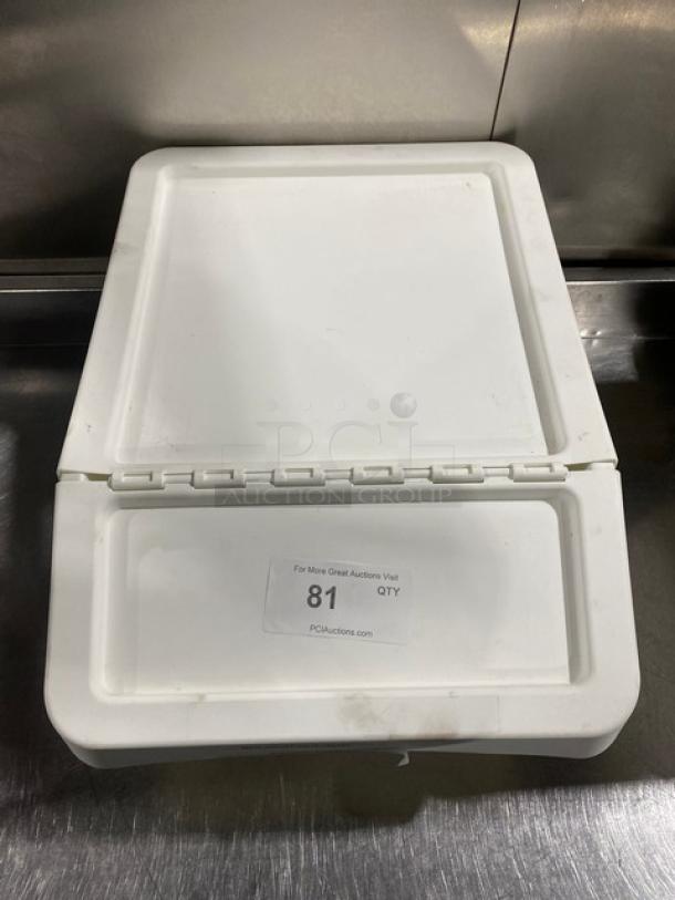 Commercial white stackable countertop food ingredient bin, used condition, featuring a hinged lid and auction label "81."