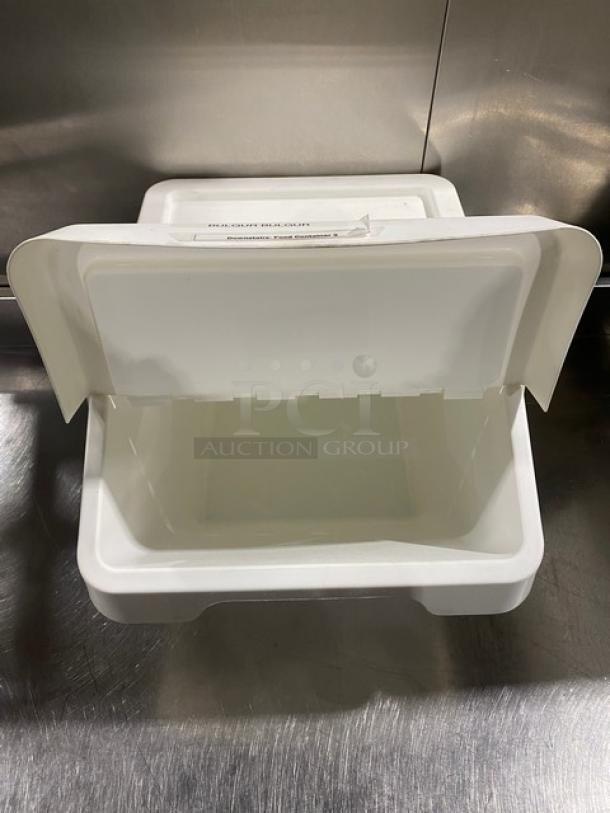 White stackable countertop food ingredient bin, open lid, in good condition. Ideal for commercial kitchen storage.