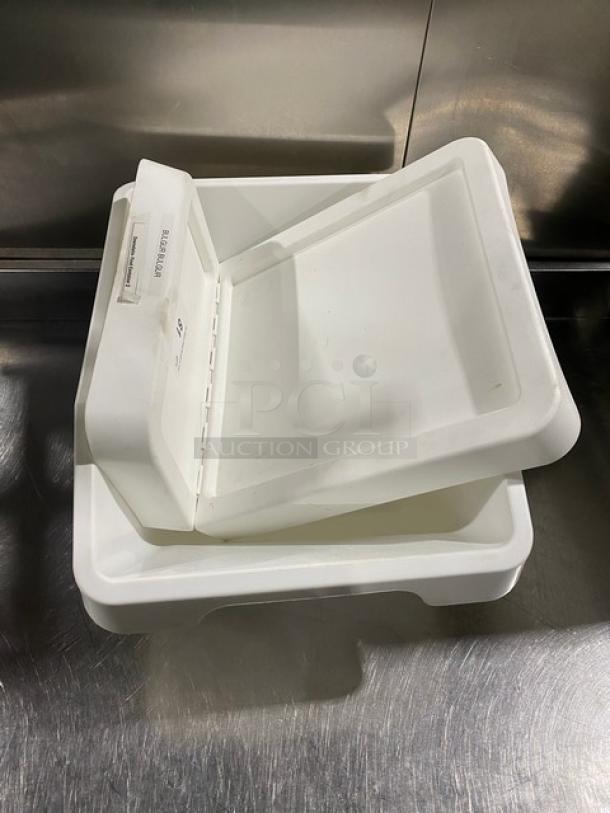Commercial white stackable countertop food ingredient bin with open hinged lid. Durable plastic, ideal for kitchen use.