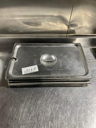 Commercial stainless steel notched steamtable pan lid, slightly worn, 10x lot, includes label indicating "84 X 10."