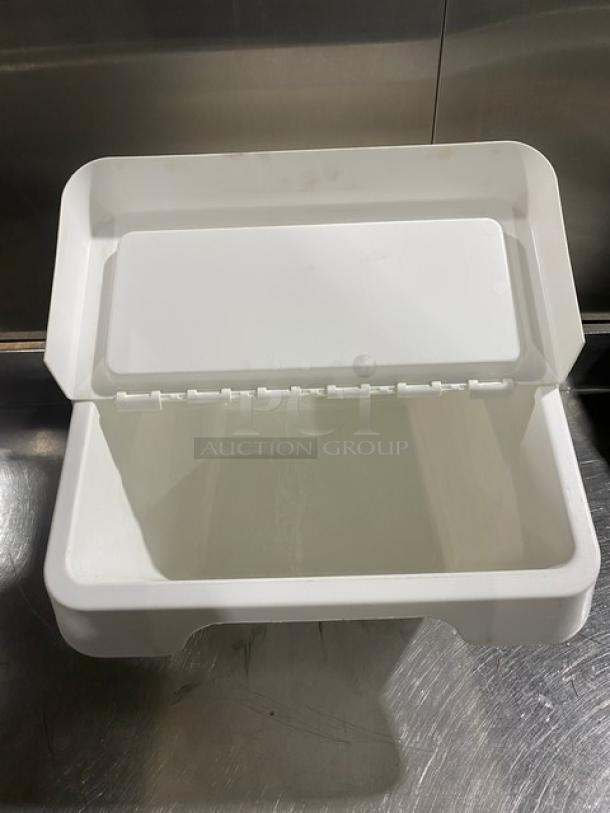 White stackable countertop food ingredient bin, open lid. Durable plastic, commercial use. Good condition for kitchen storage.