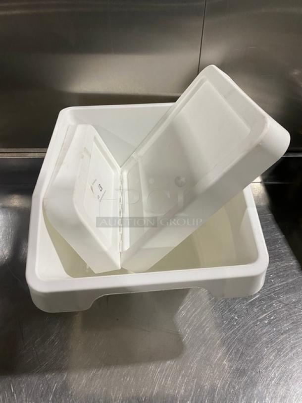 White stackable countertop food ingredient bin, open lid, durable plastic, excellent condition, ideal for commercial use.