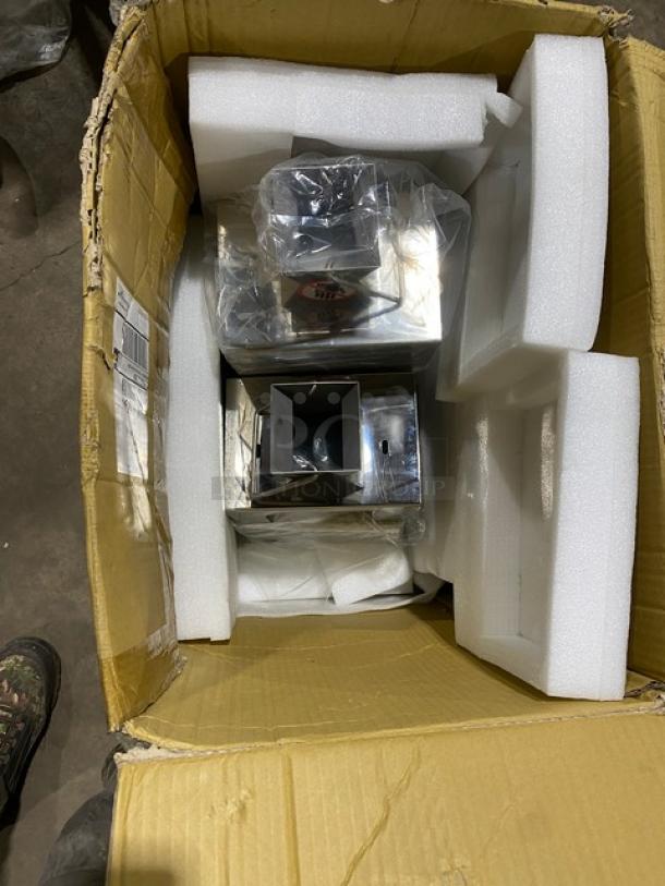 American Eagle stainless steel meat cutting attachment in original packaging, new condition, with protective foam and plastic wrap.