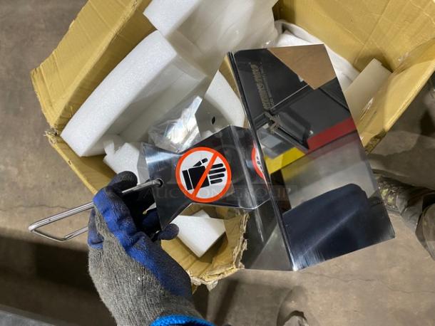 American Eagle stainless steel meat cutting attachment, new in box, commercial grade, includes safety warning label, durable build.