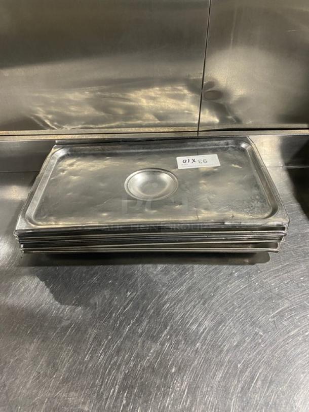 Commercial stainless steel steamtable pan lid, stack of lids, rectangular, polished finish, label reads "10X Your Bid."