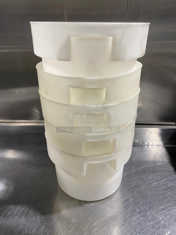 Commercial white round food storage containers, featuring handles, stackable design, durable plastic, ideal for bulk use.
