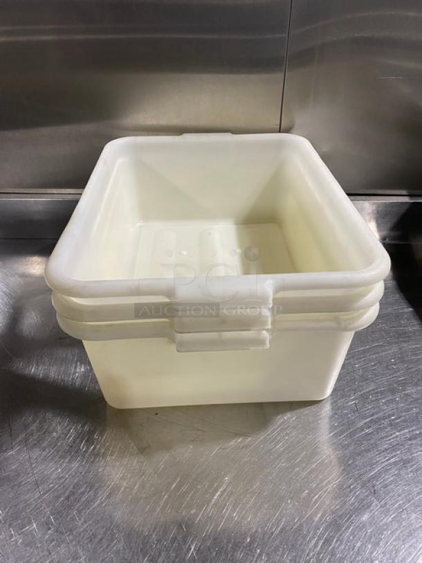 Commercial white rectangular food storage container with handles, durable plastic, stackable, gently used condition.