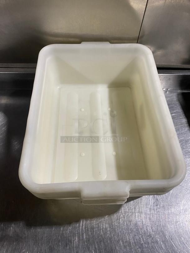 Commercial white rectangular food storage container with handles, durable plastic, clean condition, ideal for bulk storage.