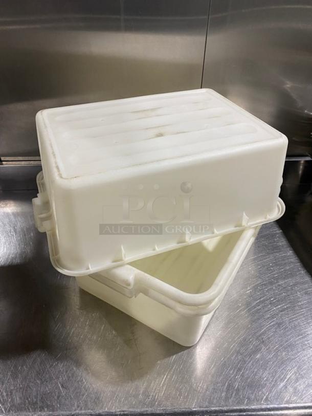 White rectangular food storage container with handles, lid partially open. Commercial grade, clean condition, durable plastic.