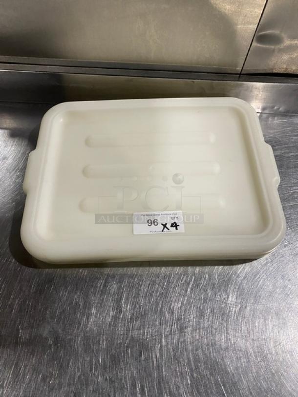 White commercial rectangular food storage container with handled lid, includes label indicating auction lot with quantity 4.