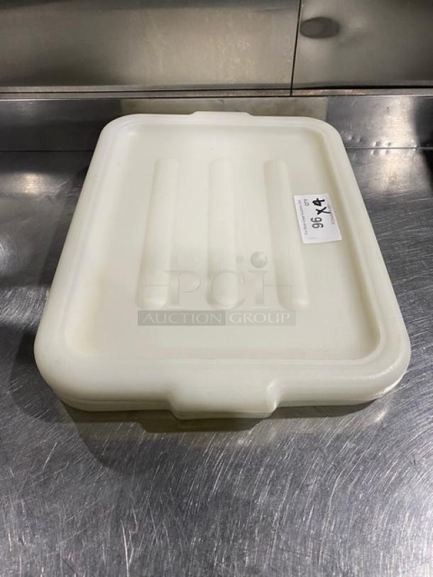Commercial white rectangular food storage container with handled lid, pristine condition, marked "4X" on label.