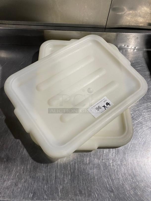 Commercial white rectangular food storage container with handled lid, durable plastic, includes marking "96 X 4".