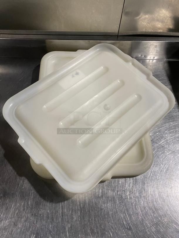 Commercial white rectangular food storage container with handled lid. Used condition, ideal for bulk storage.
