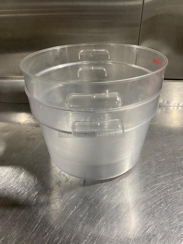 Cambro clear polycarbonate 12 qt. round food storage container, model RFSCW12, with handles, stacked, new condition.