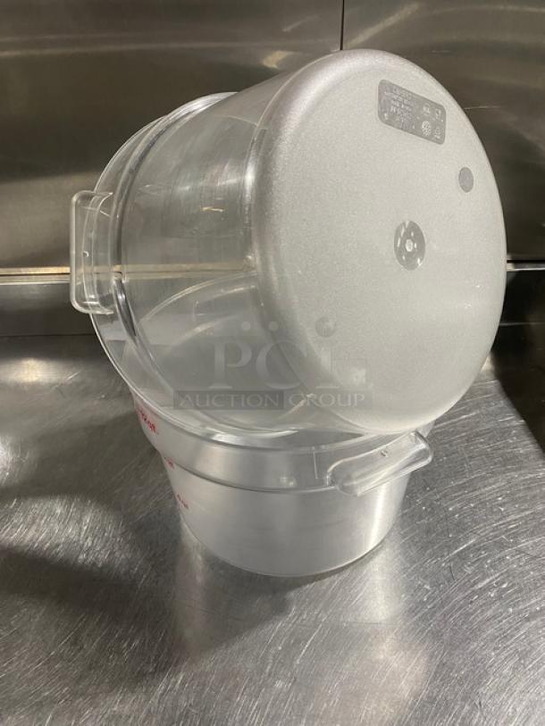 Cambro RFSCW12 clear polycarbonate 12 Qt. round food storage container with handles, stack of two, excellent condition.