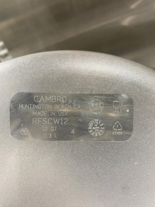 Cambro RFSCW12 clear polycarbonate 12 qt. round food storage container. Features handles, NSF and recycling symbols on label.