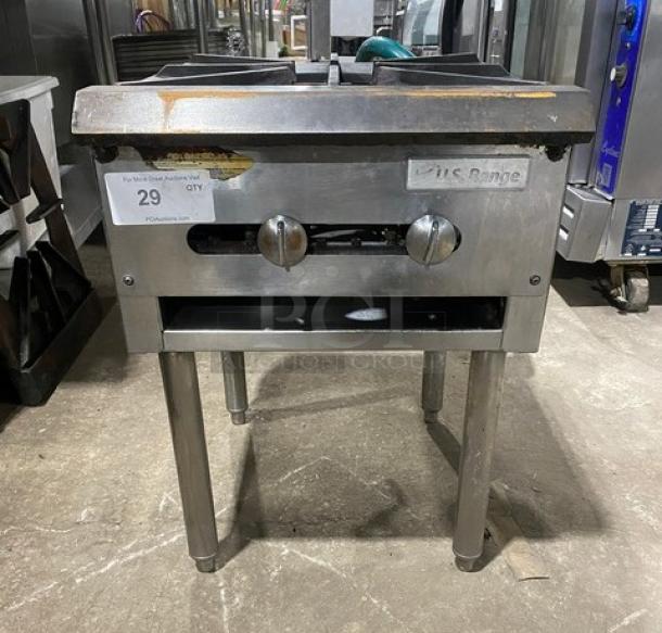 U.S. Range stainless steel single burner stock pot range, natural gas powered, with gas hose connection, on legs.