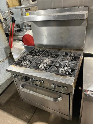 Qualite Commercial Stainless Steel Natural Gas Powered 6-Burner Range/Oven Combo! With Back Splash & Overhead Salamander Shelf! With Wired Oven Rack! On Legs! WORKING WHEN REMOVED! - Item #1217513