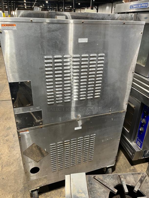 Hobart commercial stainless steel double-stacked convection oven on casters, electric-powered, includes wired oven rack.