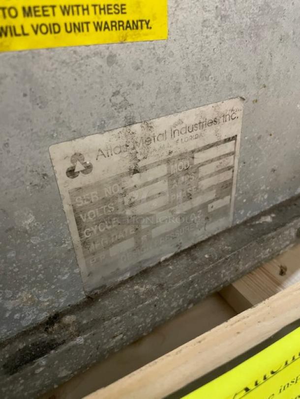 Atlas Metal single well refrigerated drop-in cold unit, stainless steel, electric, visible label with model details.