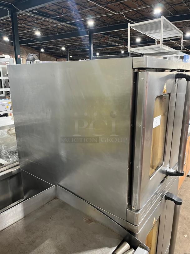 Alto-Shaam 2018 Platinum Series commercial stainless steel double stacked convection oven, model ASC-4G, on casters.