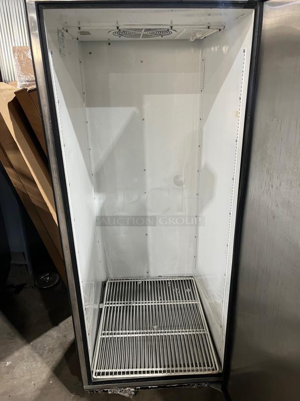 True TG1R1S commercial stainless steel reach-in refrigerator, single door, poly coated rack, on casters, 115V, 1 phase.