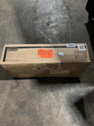 NEW! Rubbermaid FG9T6600BLA Black Heavy Duty 2-Tier Utility Pushcart in box. Box shows product image and labels.