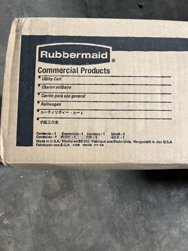 Rubbermaid Commercial Heavy Duty 2-Tier Utility Pushcart, model FG9T6600BLA, in original packaging.