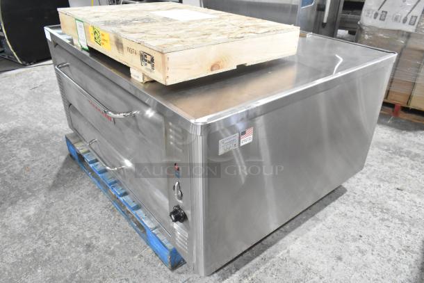 Blodgett 1048B stainless steel single deck pizza oven, natural gas powered, excellent condition, visible USA label.