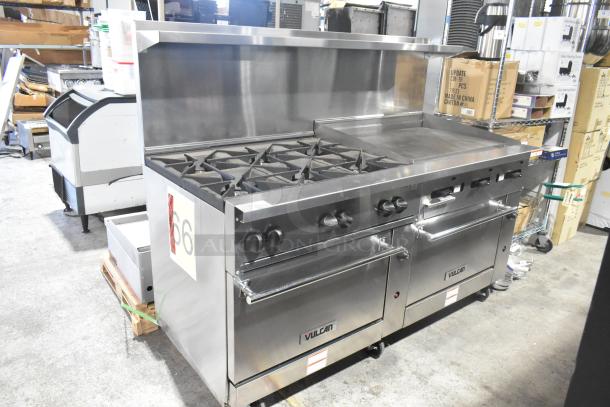 Vulcan 72SS-6B36GP commercial range with 6 burners, flat top griddle, 2 ovens, shelf, backsplash, on casters, 289,000 BTU.