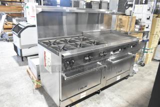 Vulcan 72SS-6B36GP commercial range with 6 burners, flat top griddle, 2 ovens, shelf, backsplash, on casters, 289,000 BTU.