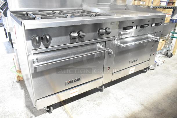 Vulcan 72SS-6B36GP stainless steel commercial range with 6 burners, griddle, 2 ovens, over shelf, and backsplash on casters.