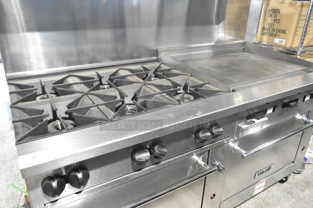Vulcan 72SS-6B36GP commercial range, 6 burners, flat top griddle, 2 ovens, stainless steel, over shelf, back splash, on casters.