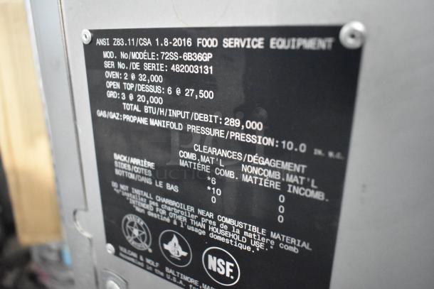 Vulcan 72SS-6B36GP commercial range label showing model, BTU details, and certifications. Includes 6 burners, griddle, ovens.