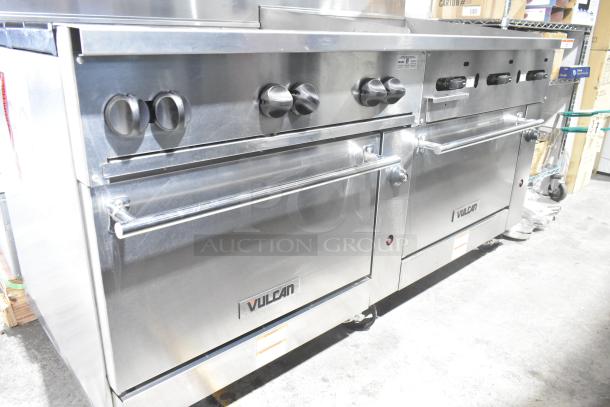 Vulcan 72SS-6B36GP commercial range; 6 burners, flat top griddle, 2 ovens, stainless steel, over shelf, backsplash, on casters.