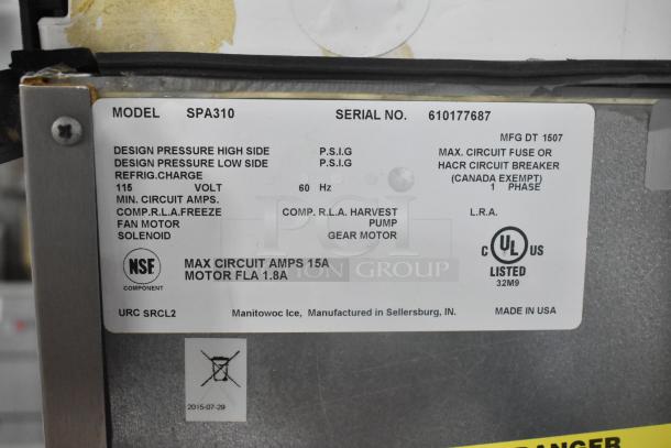 2019 Manitowoc IYF0600A-261 stainless steel ice head on SPA310 dispenser, 208-230V, 1 phase, serial no. 610177687.