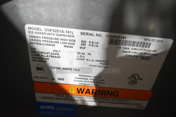 Alt text: Manitowoc CNF0201A-161L label, showing model and serial number, voltage, and other technical specifications.