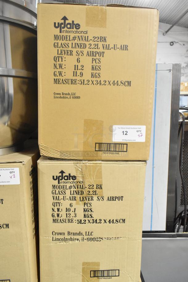 Two sealed boxes of Update NVAL-22BK 2.2L stainless steel coffee air pots, each containing six pieces, brand new.