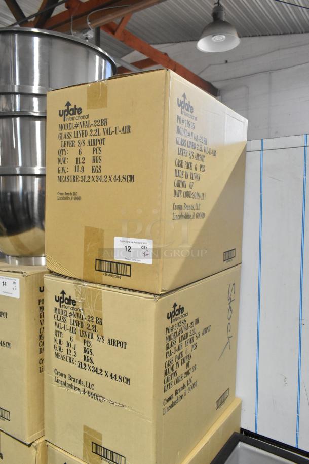 Two new boxes of 6 Update NVAL-22BK 2.2L stainless steel coffee air pots, labeled with model and weight details.