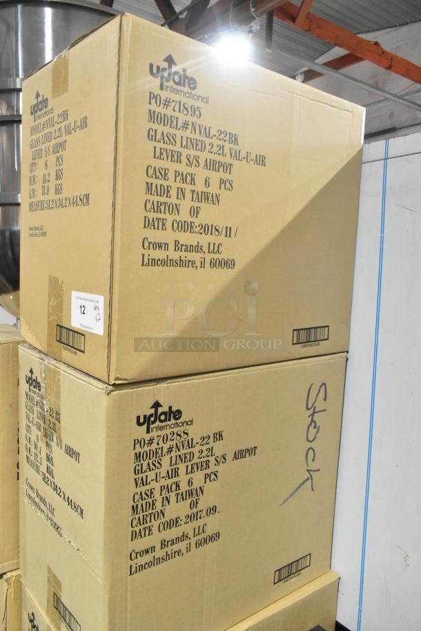 Two boxes of Update NVAL-22BK 2.2L stainless steel coffee air pots. New, 6 units per box, glass lined, push-button.