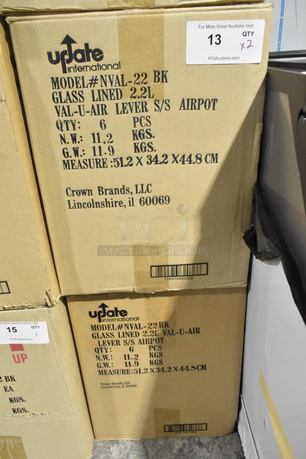 Two new Update NVAL-22BK 2.2L stainless steel coffee air pots, glass lined, in original boxes, 6 per box.