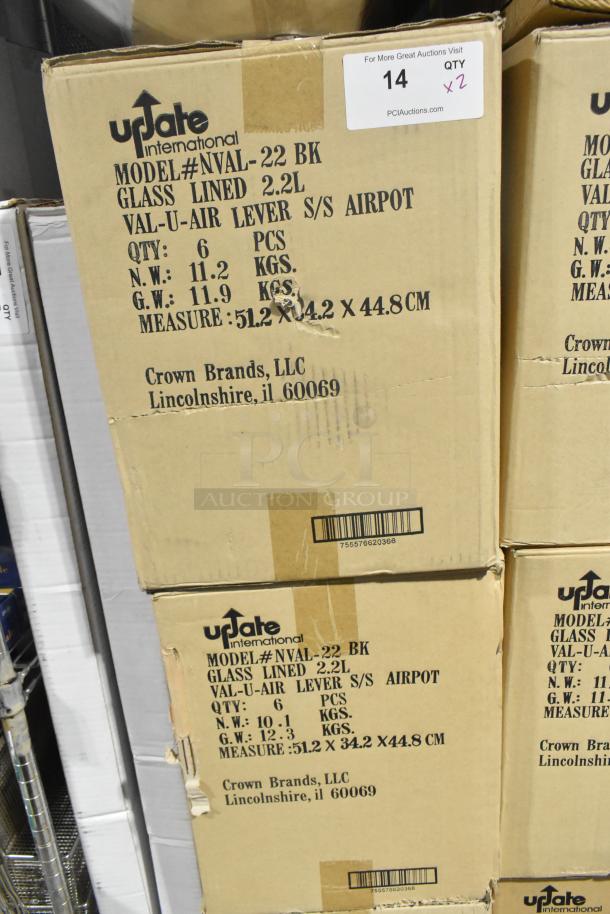 Two boxes of 6 Update NVAL-22BK 2.2L Val-U-Air stainless steel coffee air pots. Brand new, glass-lined, push-button model.