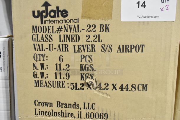 2 boxes of 6 Update NVAL-22BK air pots, glass-lined, 2.2L stainless steel, new in box.